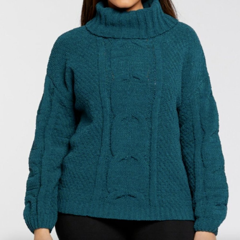 Seven 7 Cable Knit Cowl Neck Chenille Sweater Womens Large - Teal Green - NWT
